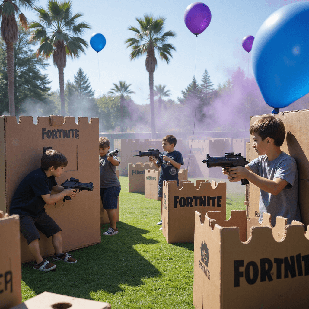 Kids engage in a thrilling laser tag battle in a maze-like playground of custom cardboard forts, adorned with Fortnite-themed signs and balloons, under bright daylight and atmospheric artificial smoke.