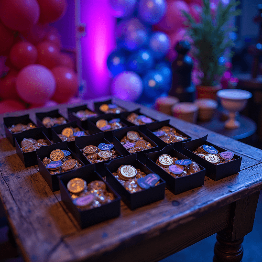 A beautifully arranged party favor station featuring mini supply drop boxes filled with golden chocolate coins and custom dog tags, illuminated by purple and blue uplighting, with a backdrop of cascading balloons in game-themed colors, all captured from above in moody evening light.