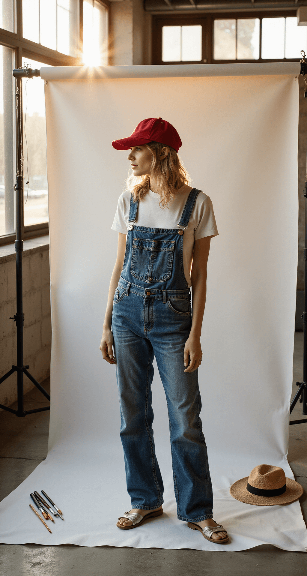 Easy Halloween Costumes You Can Actually Pull Off (Without Breaking the Bank!) A minimalist studio photoshoot of a vintage denim overall styled five ways against a white backdrop, with golden hour lighting creating warm shadows. Each styling variation, including farmer chic and artistic painter, is presented in a flat lay nearby, accompanied by props like a red cap, paintbrushes, and a straw hat, highlighting the texture and wear patterns of the denim.