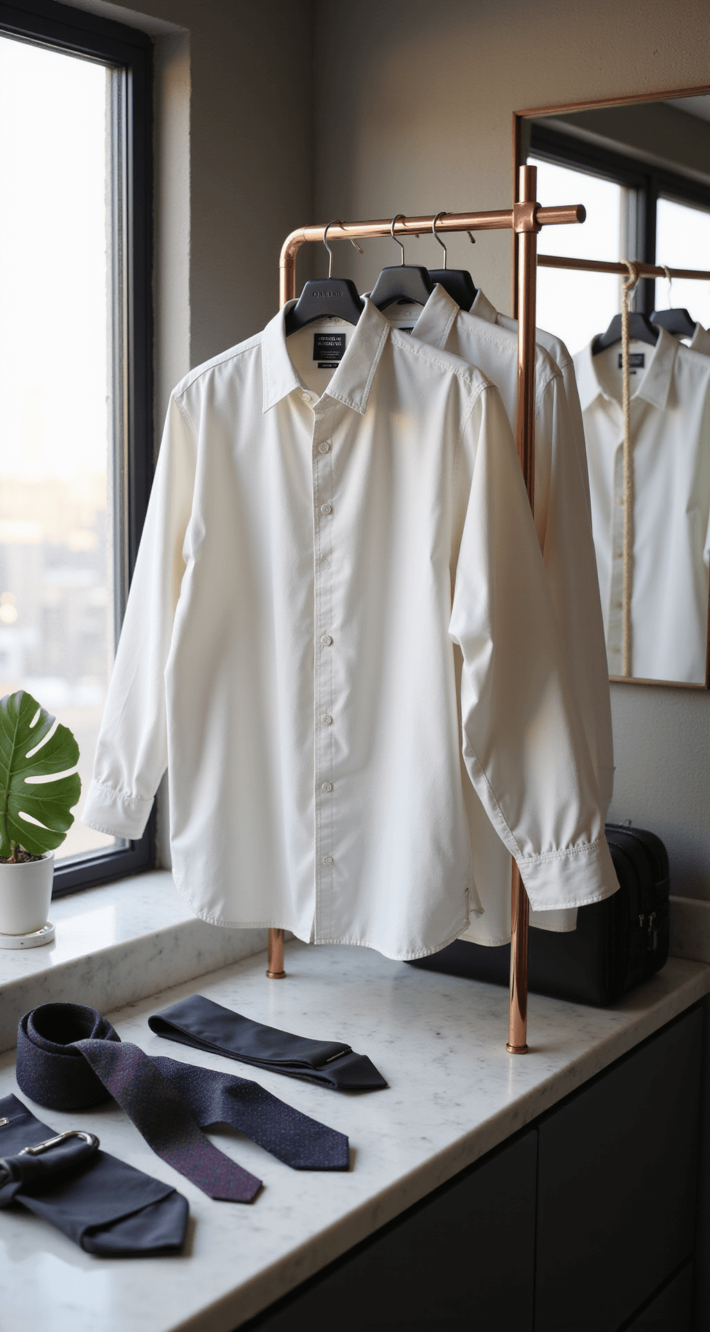 Easy Halloween Costumes You Can Actually Pull Off (Without Breaking the Bank!) Chic downtown loft bathroom with early morning light, featuring a white button-down shirt on a copper clothing rack, costume accessories on a marble counter, and business attire elements like a tie and briefcase nearby, focused on the shirt's clean lines.