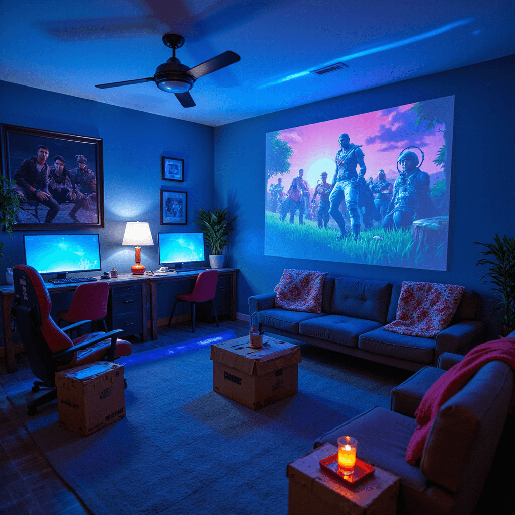 A cozy gaming lounge during blue hour, featuring low-profile seating around illuminated gaming screens, with LED strips in Fortnite colors, custom cardboard supply drop side tables, character-themed throws on gaming chairs, and projected game imagery enhancing the atmosphere.