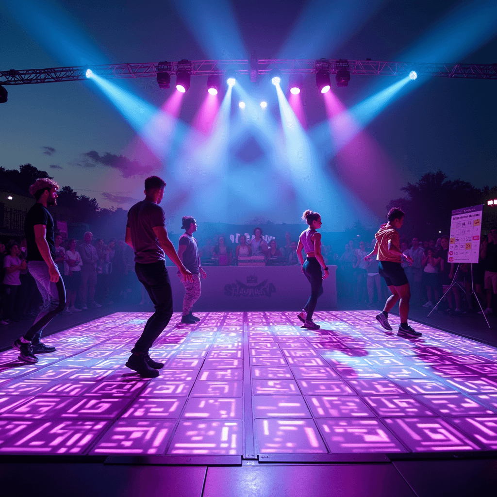 A dynamic dusk scene of a Fortnite dance competition, featuring a pulsating LED dance floor with game-inspired patterns, dramatic purple and blue lighting, and a judge's station with gaming decor, capturing dancers in motion with movement blur.