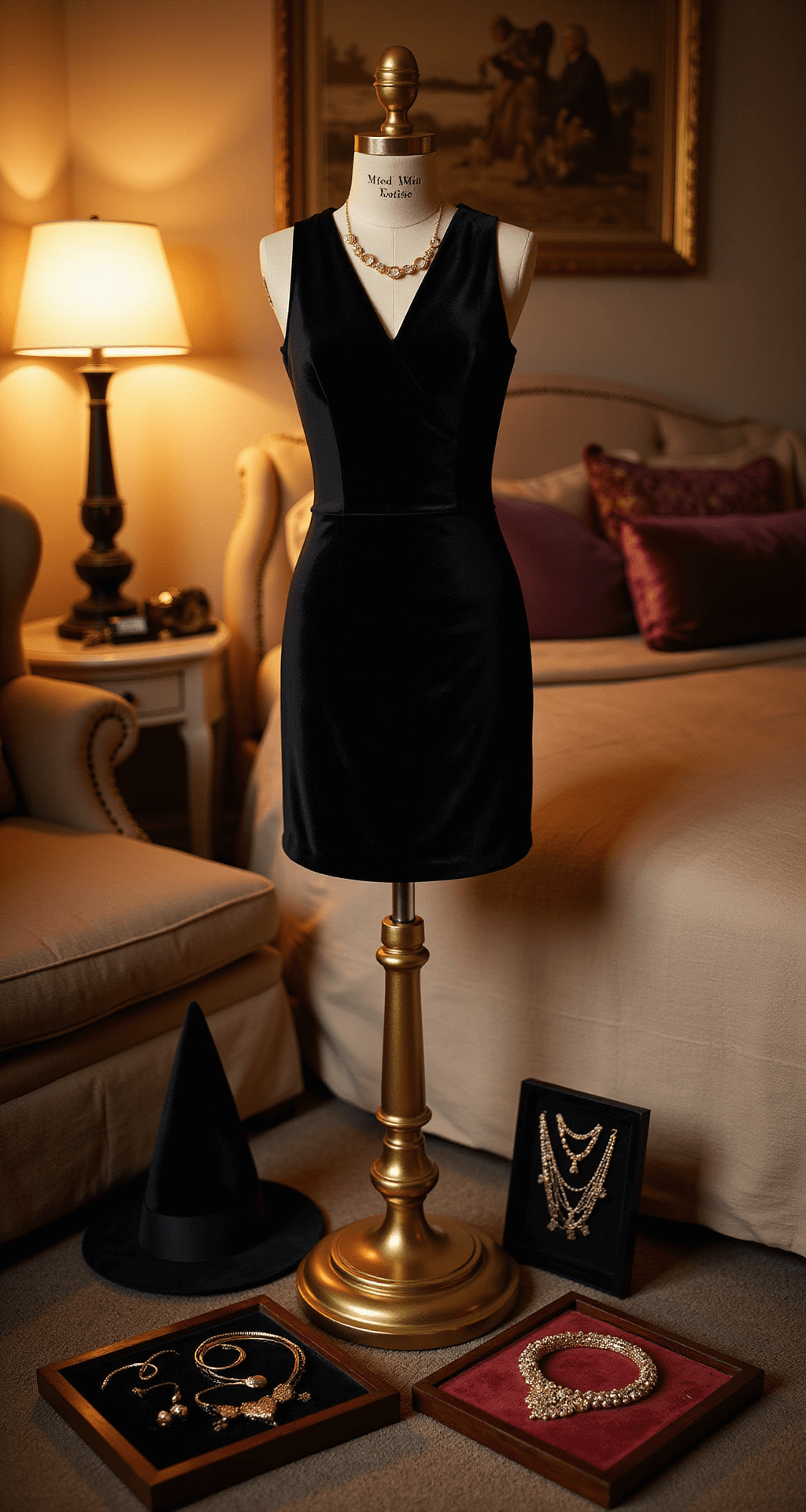 Easy Halloween Costumes You Can Actually Pull Off (Without Breaking the Bank!) A luxe bedroom setting bathed in warm lamplight, featuring a tailored little black dress on a golden mannequin surrounded by themed accessories like cat ears, a witch hat, and glamorous jewelry on velvet trays, shot from a low angle for a sophisticated ambiance.