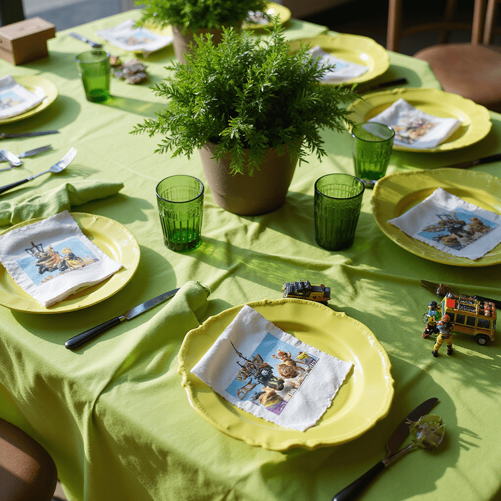 A flat lay of a vibrant tablescape in natural morning light, featuring a lime green base layer with Fortnite-themed place settings, custom plates, character napkins, and miniature Battle Bus placards, accented by fresh green foliage centerpieces and scattered gaming 'loot'.