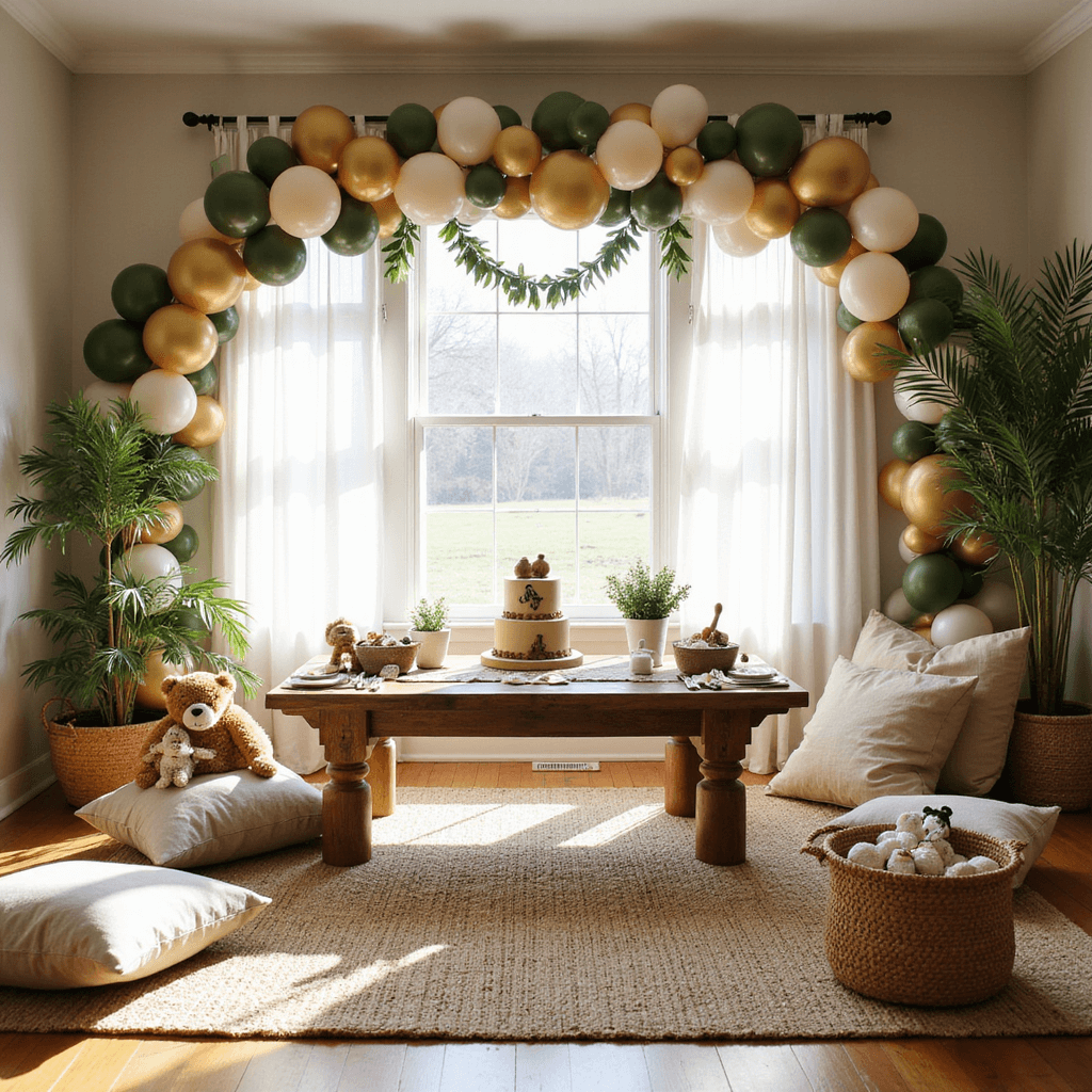 A wide-angle shot of a sun-drenched living room decorated for a 'Wild ONE Adventure' first birthday, featuring a muted safari-themed balloon arch, a low wooden grazing table, scattered floor cushions, miniature safari tents, stuffed animals, a two-tier safari-themed cake at a dessert station, and organic accents of eucalyptus garlands and palm fronds, all illuminated by natural light.