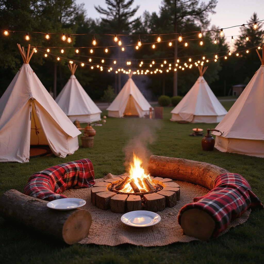 Golden hour backyard celebration scene with mini canvas tents in a semicircle, warm Edison bulbs overhead, faux campfire with LED flames, log seats with plaid blankets, s'mores station featuring marble plates and copper accessories, fairy lights twinkling, and natural wood and forest green accents throughout. Depth of field highlights activity stations in the background.