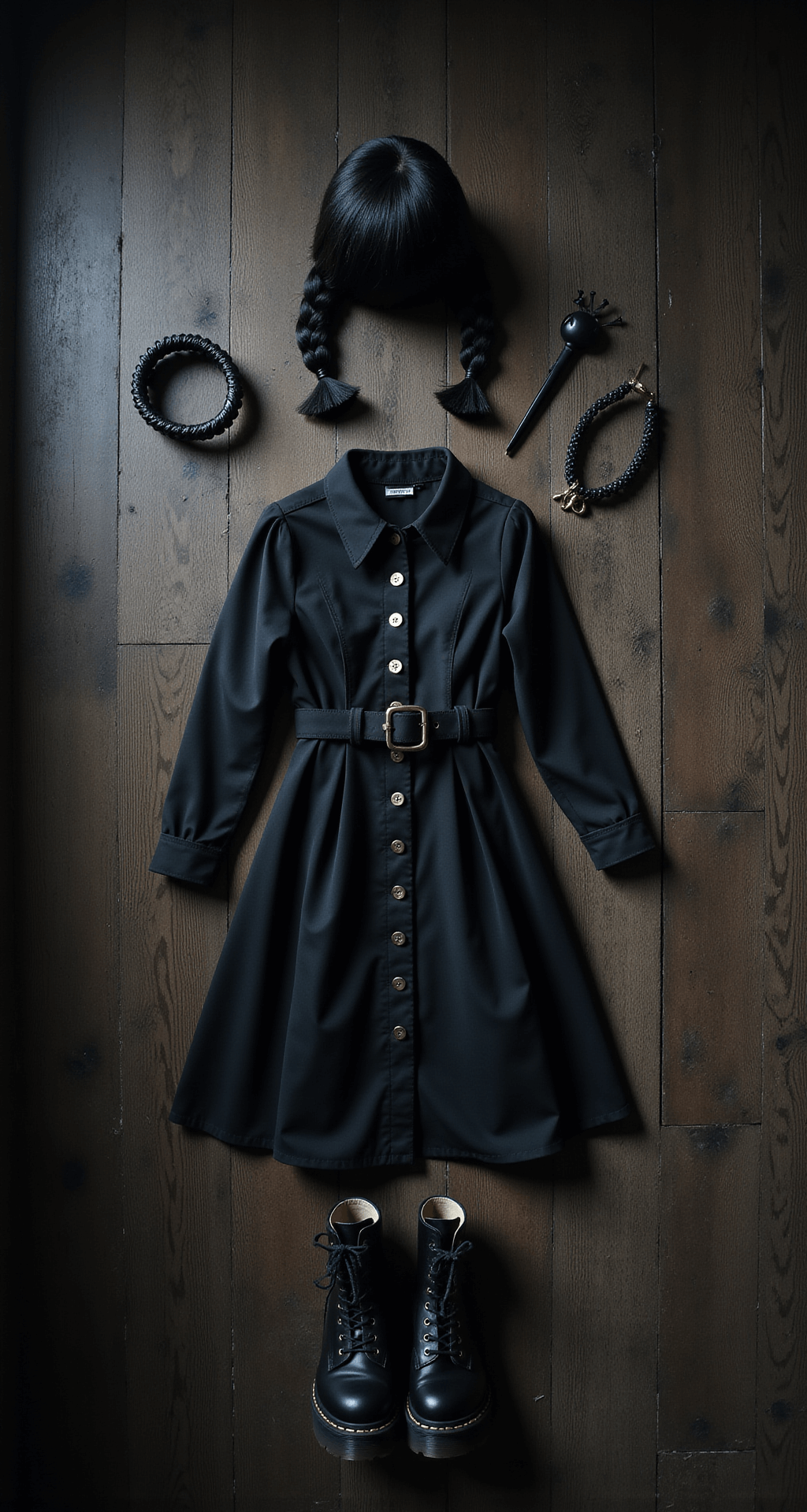 Easy Halloween Costumes You Can Actually Pull Off (Without Breaking the Bank!) A flat lay of a Wednesday Addams-inspired outfit featuring a black peter pan collar dress on a dark wooden floor, surrounded by a braided wig, gothic accessories, and platform boots, illuminated by dramatic side lighting that casts deep shadows.