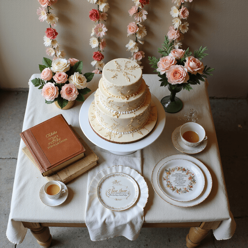 Overhead view of a 'Storybook Wonderland' dessert table featuring a tiered cake with edible book pages, surrounded by leather-bound books, mercury glass vases with garden roses, hand-lettered quote cards, antique teacups filled with candies, and cascading paper flower garlands in blush and cream.