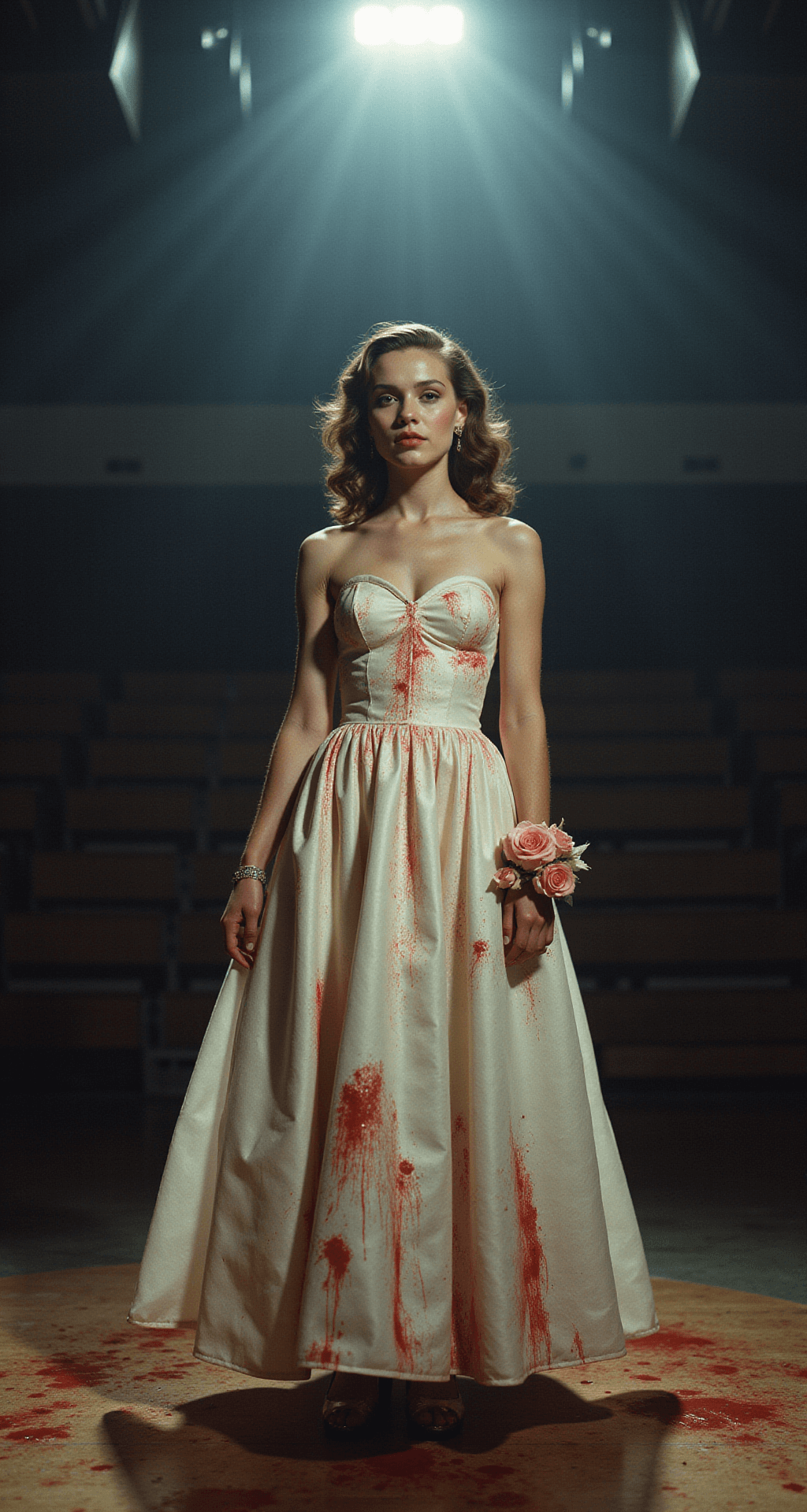 A young woman in a vintage white prom dress with a sweetheart neckline stands under a dramatic overhead spotlight in a dimly lit gymnasium, showcasing intricate blood splatter effects on the dress. Her hair is styled in classic 70s waves, and she wears subtle makeup with a haunting pale complexion. A corsage of delicate pink roses stained with crimson adorns her wrist, while the low-angle shot creates an imposing silhouette against the dark background, emphasizing the texture of the blood-soaked fabric and its glistening effect.