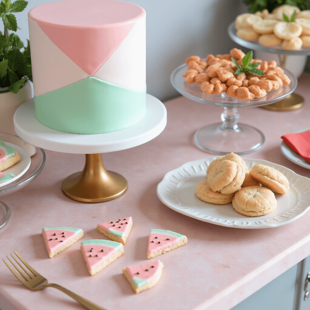 Close-up of a pastel pink marble sweets station featuring a contemporary watermelon-themed cake in pink, mint green, and white, surrounded by coordinating desserts. Gold serving pieces and modern acrylic stands are styled with fresh mint sprigs, with soft lighting enhancing the luxe details. Watermelon-shaped cookies and fruit-inspired paper goods complete the vibrant scene.