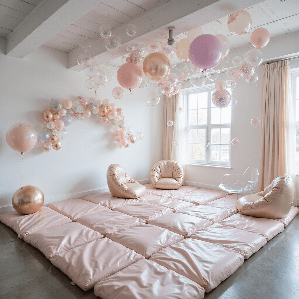 Wide-angle view of a 'Bubble Bonanza' setup featuring iridescent balloon installations, a central play area with pearl-toned cushions and acrylic bubble chairs, metallic accents, and bubble machines, all enhanced by soft tulle drapery in a modern white-walled space.