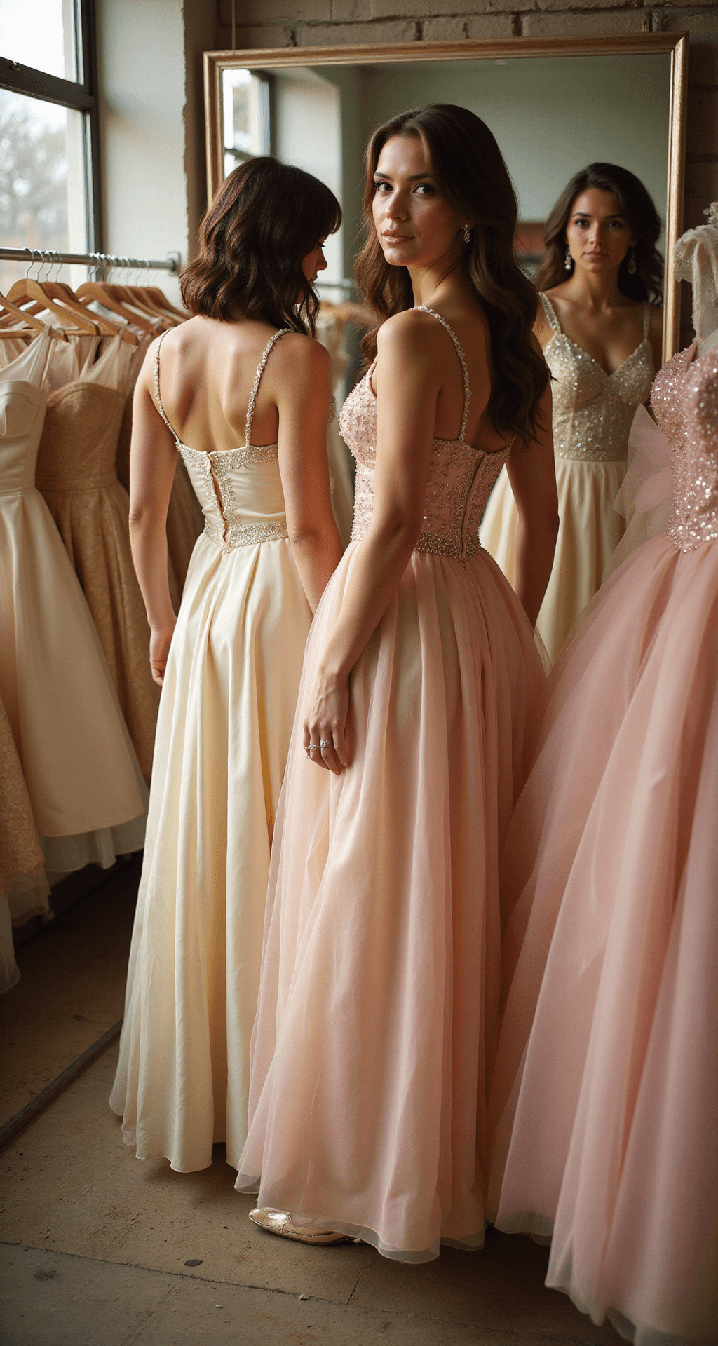 A model in a warm, ambient thrift store dressing room, trying on light-colored vintage prom dresses. Soft natural daylight highlights the fabric details of cream satin and pale pink tulle, with full-length mirrors reflecting the scene. A rack of potential dresses is visible in the background, showcasing a variety of styles and materials.