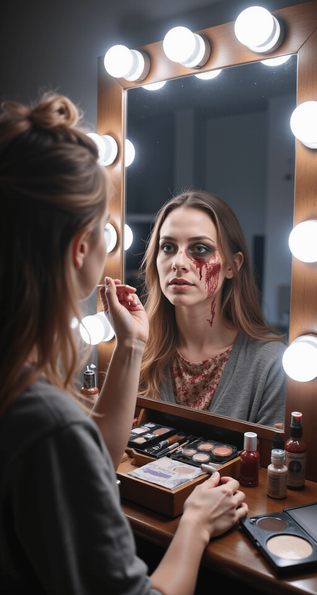 Close-up of a modern bedroom vanity featuring a ring light and artistic arrangement of makeup supplies, showcasing Halloween makeup application with pale foundation, dark under-eye shadows, and realistic blood splatter techniques, complemented by beauty lighting that emphasizes makeup texture and details, surrounded by makeup brushes, fake blood bottles, and reference photos.