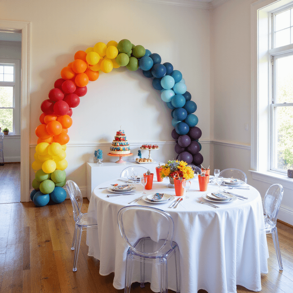 Dynamic celebration scene featuring a dramatic ombré rainbow balloon arch against a white wall, with a modern dessert display, acrylic ghost chairs under white silk-draped tables, and bold primary color centerpieces; vibrant atmosphere highlighted by natural light and activity stations in coordinating colors.