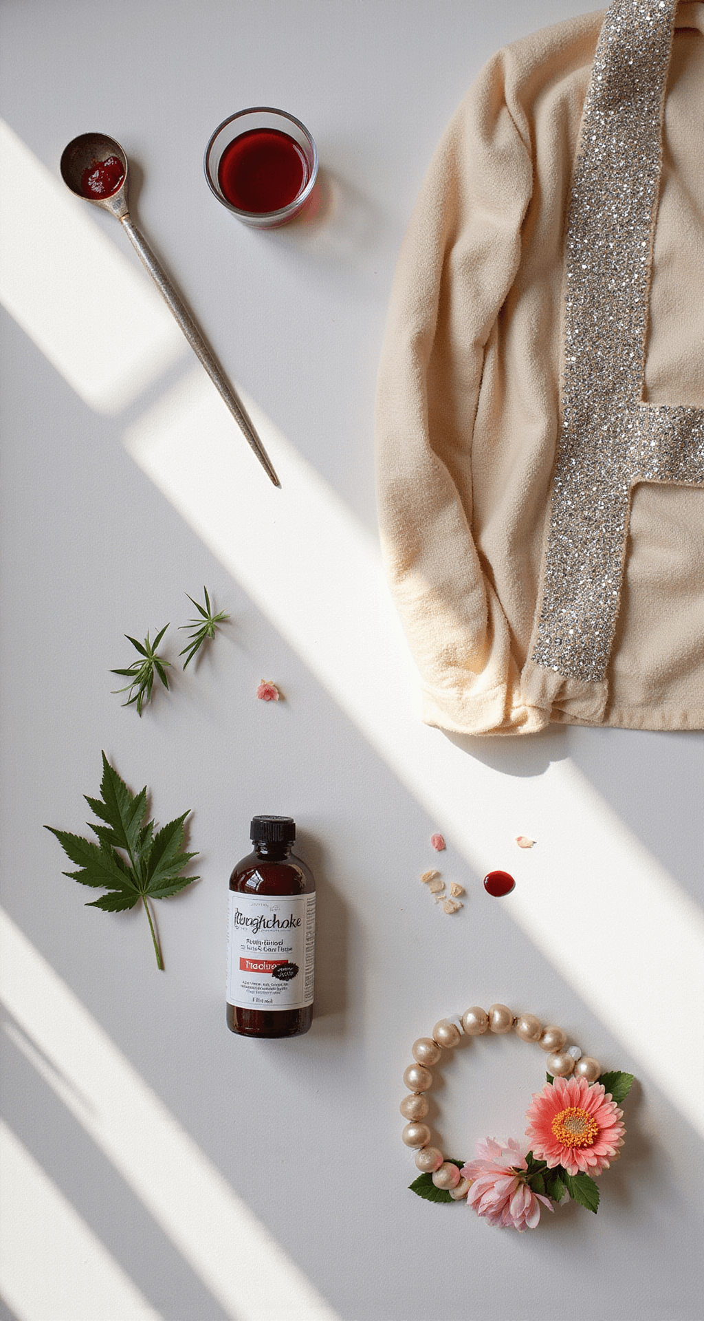 Flatlay of a contemporary craft room featuring a rhinestone-embellished shawl, craft supplies, fake blood ingredients, and flower corsage components, all arranged artistically in bright natural lighting to showcase the creative process and textures.