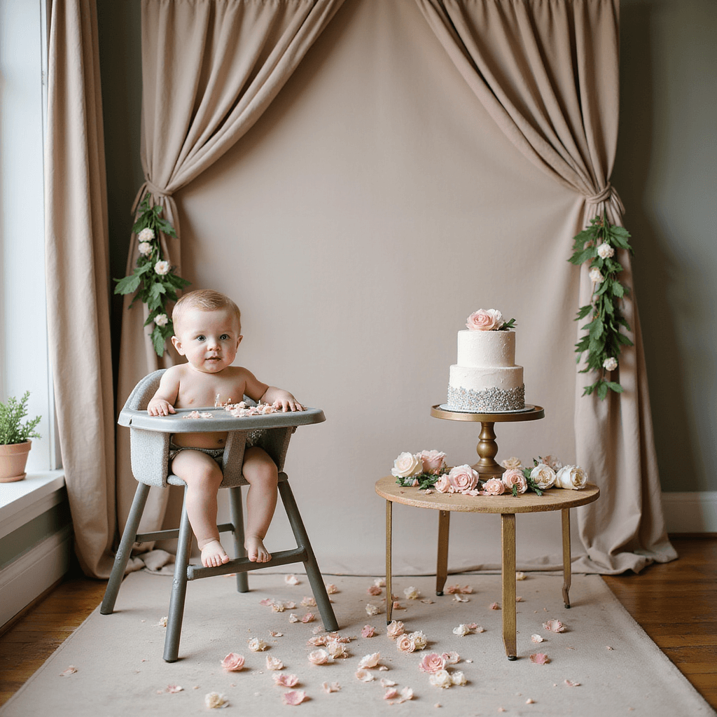 Intimate portrait of a cake smash setup featuring a metallic high chair with a fabric garland, a petite smash cake on a gold stand, fresh blooms, and scattered rose petals, against a textured neutral backdrop with soft side lighting.