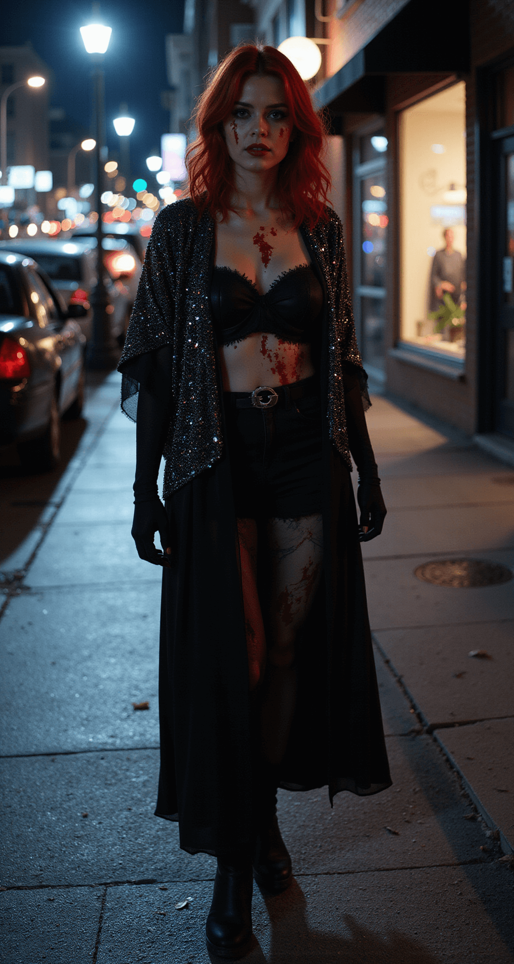 Full-length shot of a person in a rhinestone Carrie costume with a sparkly shawl, dramatic blood effects, and stylish hair and makeup, set in an urban evening street scene outside a Halloween party with mood lighting.