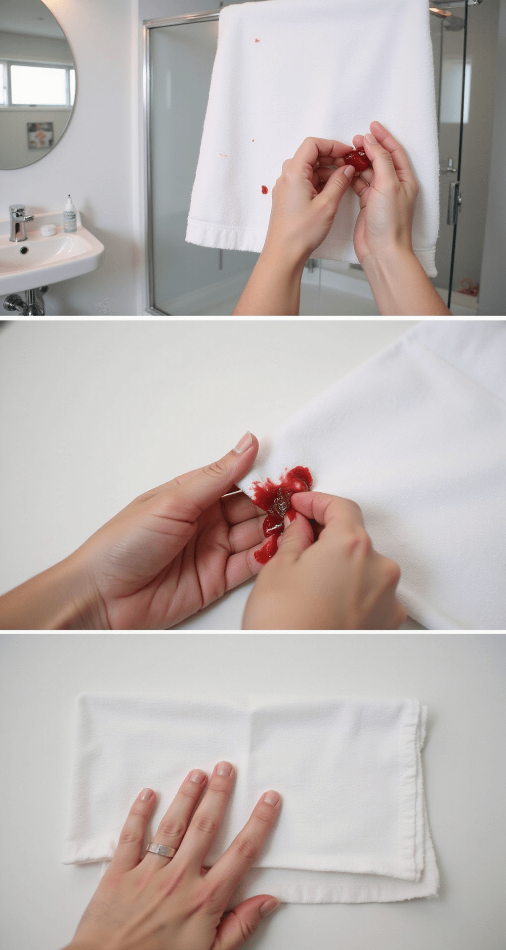 Bright, minimalist bathroom with professional lighting showing a step-by-step demonstration of fake blood application on a white fabric swatch, featuring close-up details of consistency and method, captured in clean, instructional-style photography.