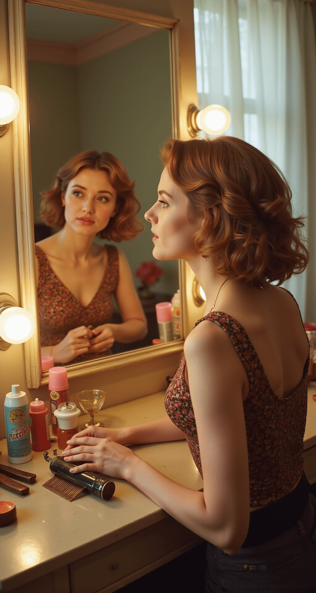 A retro-inspired bedroom showcasing a vintage vanity and mirror, with a side profile view of a woman styling her hair with heated rollers, a teasing comb, and hairspray. Warm lighting highlights the hair texture and 70s hairstyling techniques, surrounded by period-appropriate beauty products and accessories.