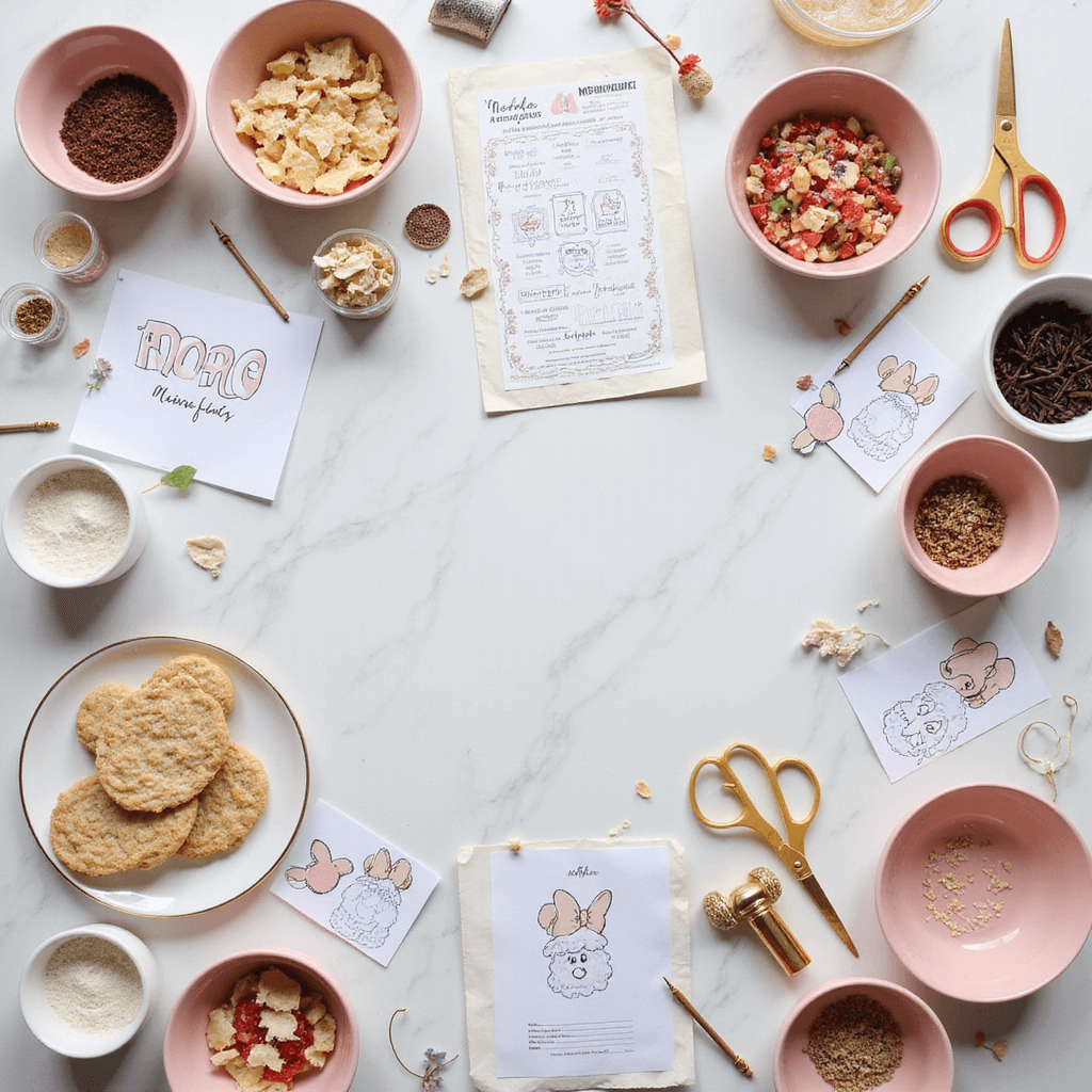 Magical Minnie Mouse Birthday Party: Your Ultimate Planning Guide Overhead flat lay of a beautifully organized craft station with white marble tables, pink ceramic bowls of supplies, custom activity sheets, and golden scissors, illuminated by natural light, featuring personalized place cards and Minnie-shaped cookie decorating stations.