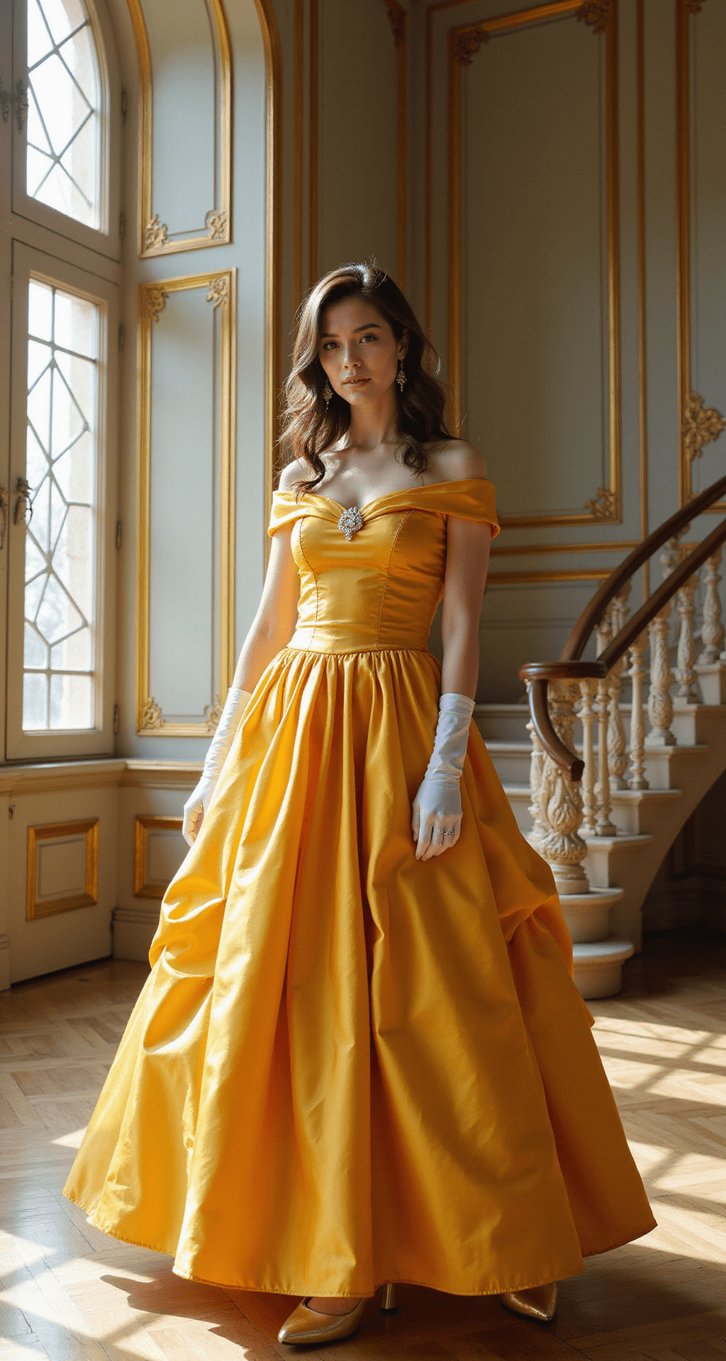 A model poses in a stunning marigold yellow ball gown with intricate detailing inside a sunlit castle ballroom, highlighting her elegant look with a grand staircase in the backdrop. Soft lighting enhances the ethereal atmosphere.