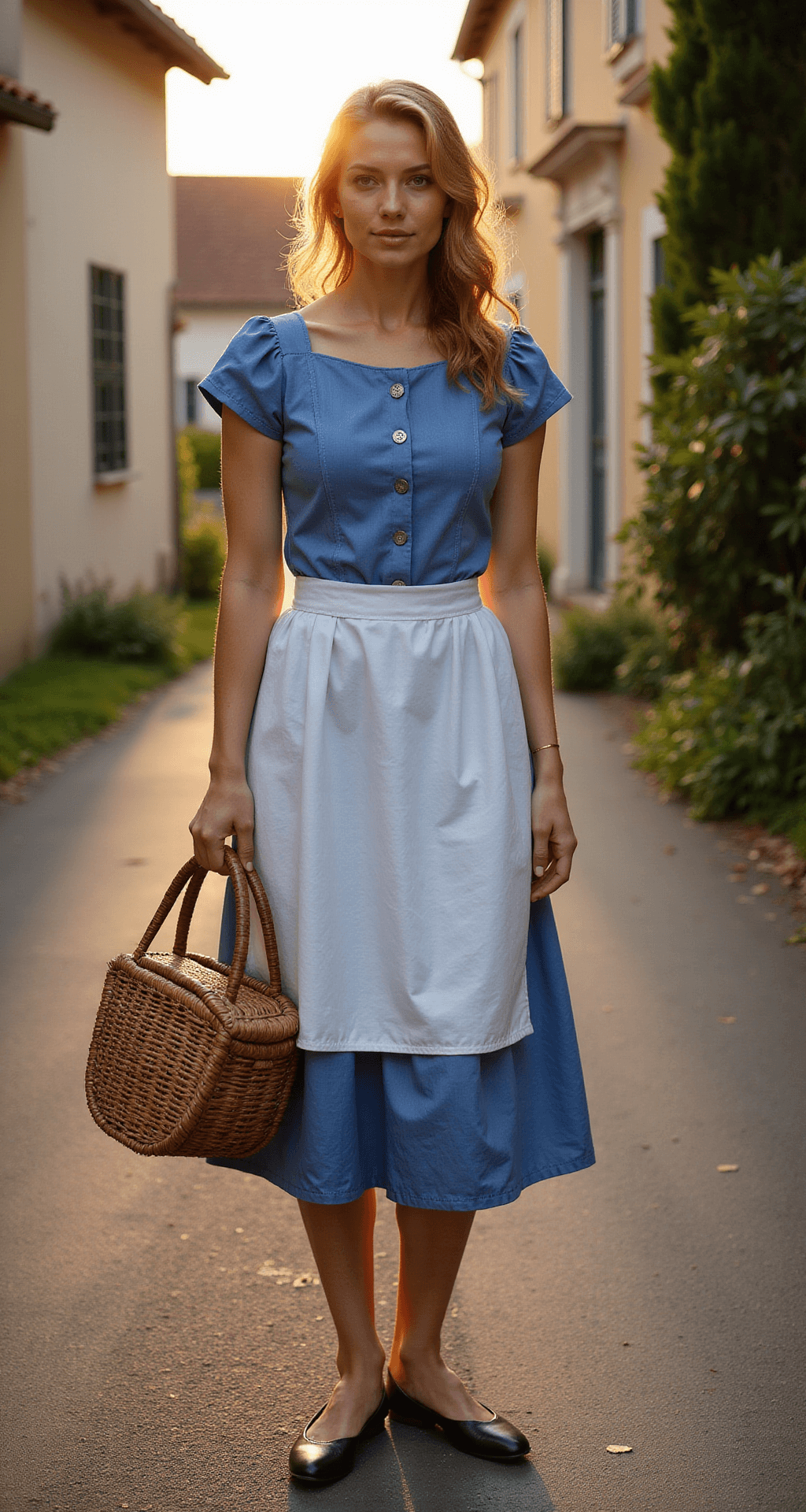 A model in a blue cotton dress with cap sleeves and a white apron stands on a charming French provincial village street at golden hour, complemented by black leather flats and a woven basket, with warm lighting enhancing the scene's simplicity and practicality.