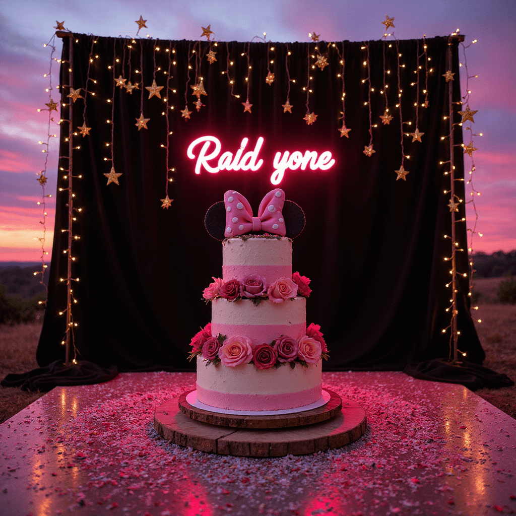 Magical Minnie Mouse Birthday Party: Your Ultimate Planning Guide Life-sized Minnie Mouse cake adorned with fairy lights and pink uplighting, set against a luxe black velvet backdrop with golden stars and a neon name sign, surrounded by scattered rose petals and metallic confetti, captured from a low angle at dusk.