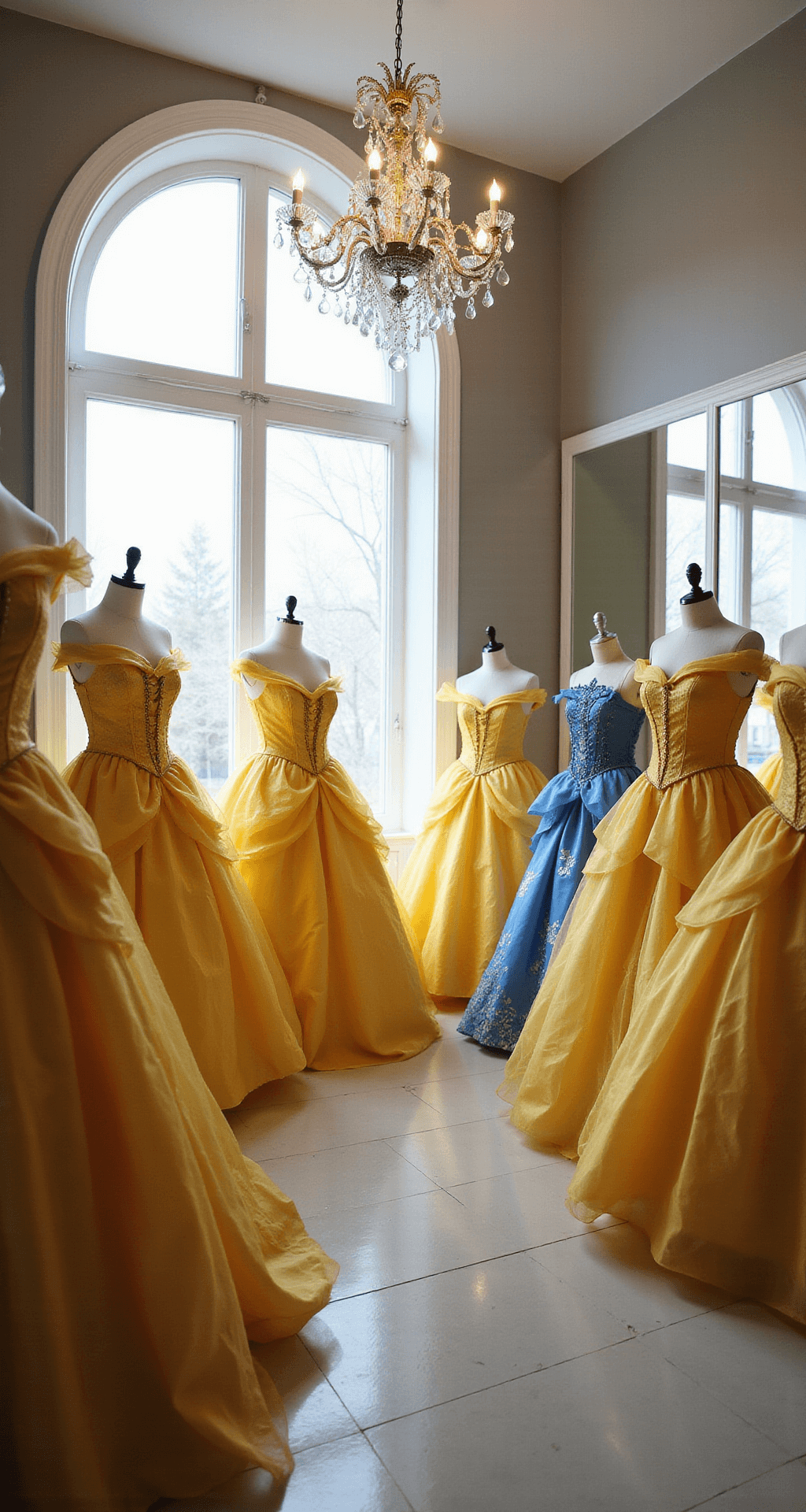 Bright boutique dressing room featuring floor-length mirrors and a crystal chandelier, showcasing various Belle costumes on elegant mannequins in inclusive sizes. Soft lighting enhances the rich colors and high-quality fabrics.