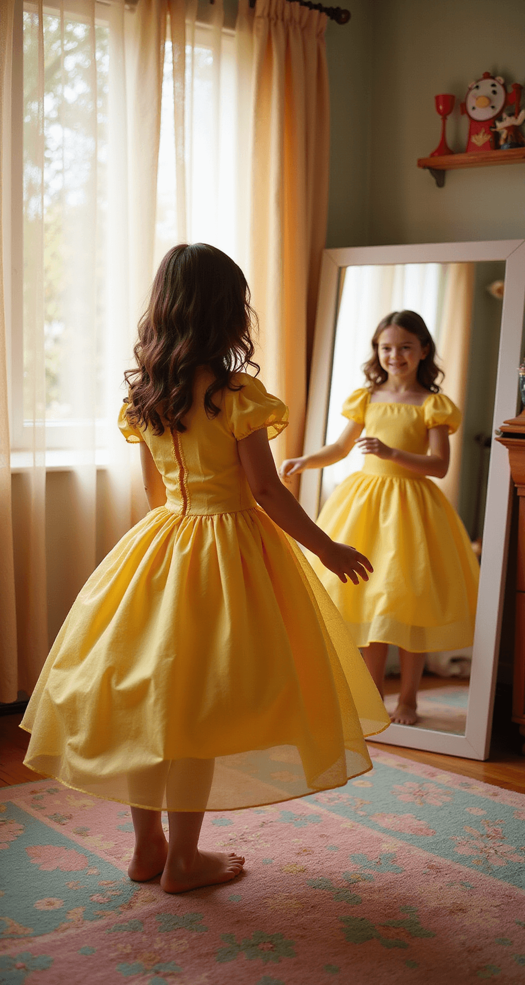 A young girl joyfully twirls in front of a full-length mirror, wearing a miniature version of Belle's village dress in a cheerful children's bedroom decorated with whimsical Disney themes, as warm afternoon light filters through sheer curtains.