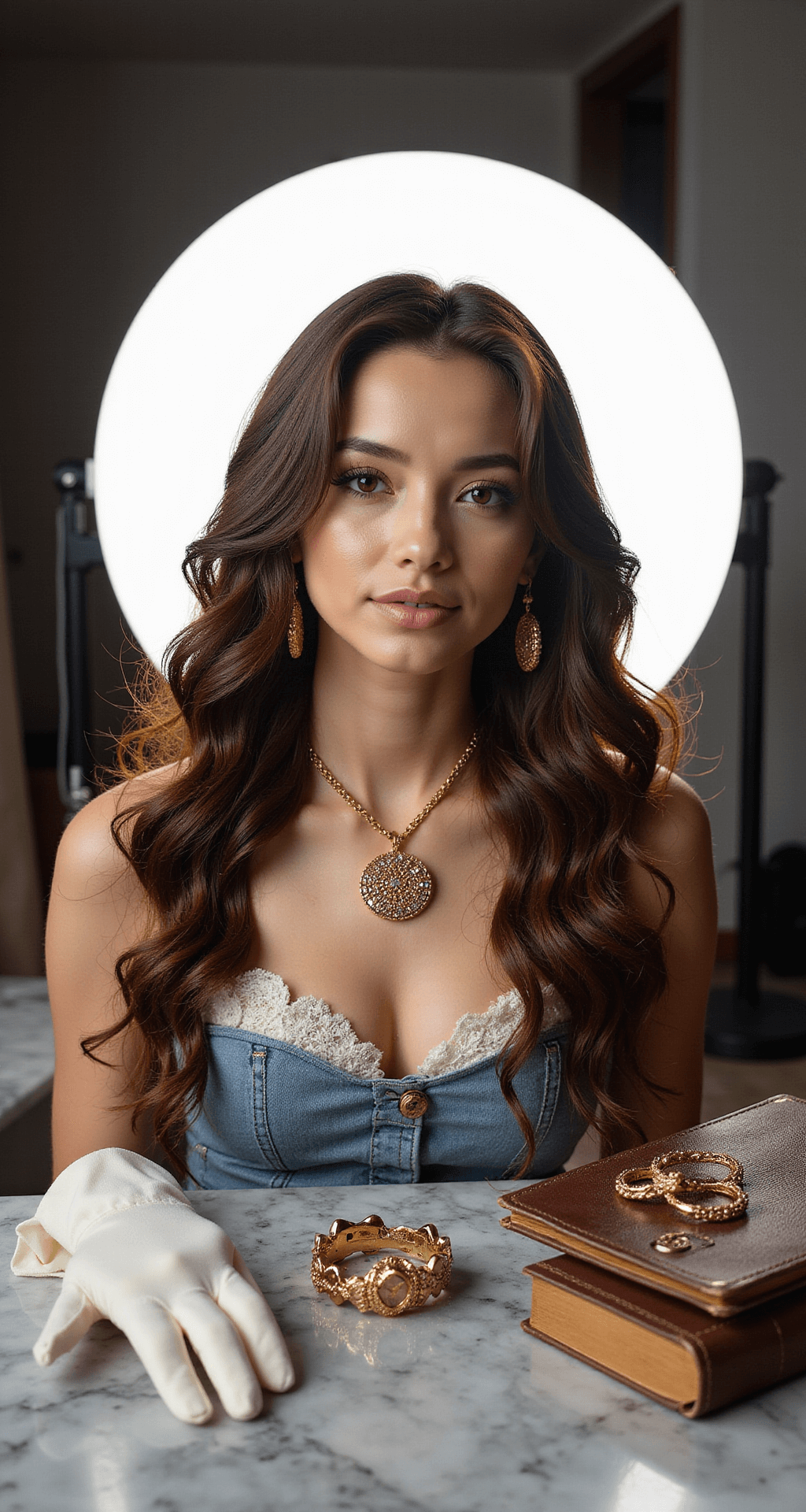 Close-up of a professional makeup station featuring Hollywood-style lighting, showcasing Belle transformation accessories including a luxurious brunette curly wig, delicate white gloves, a vintage leather-bound book, and golden accessories, all artfully arranged on a marble counter with fine details captured by a macro lens.