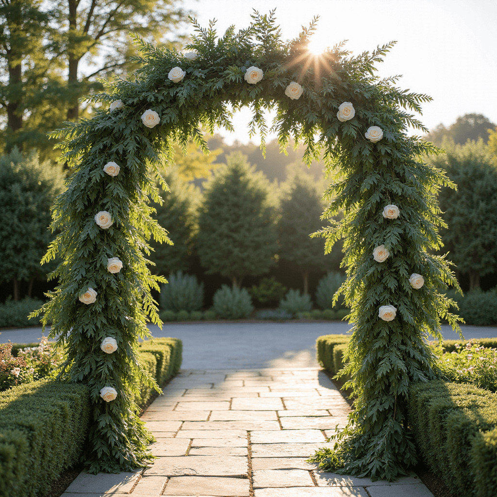 A sunlit wedding ceremony arch draped in eucalyptus, ferns, and smilax vine, featuring white garden roses, surrounded by a manicured garden at golden hour.