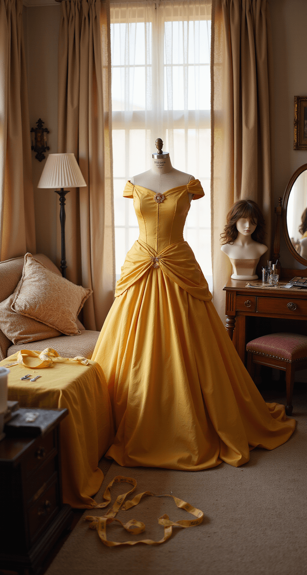 Cozy bedroom interior showcasing a costume preparation scene with Belle's ball gown on a dress form, measuring tape, safety pins, and thread nearby, while a vanity displays a wig on a stand, makeup palette in golden tones, and character accessories, all illuminated by soft morning light filtering through gauzy curtains, captured from above to highlight organization.