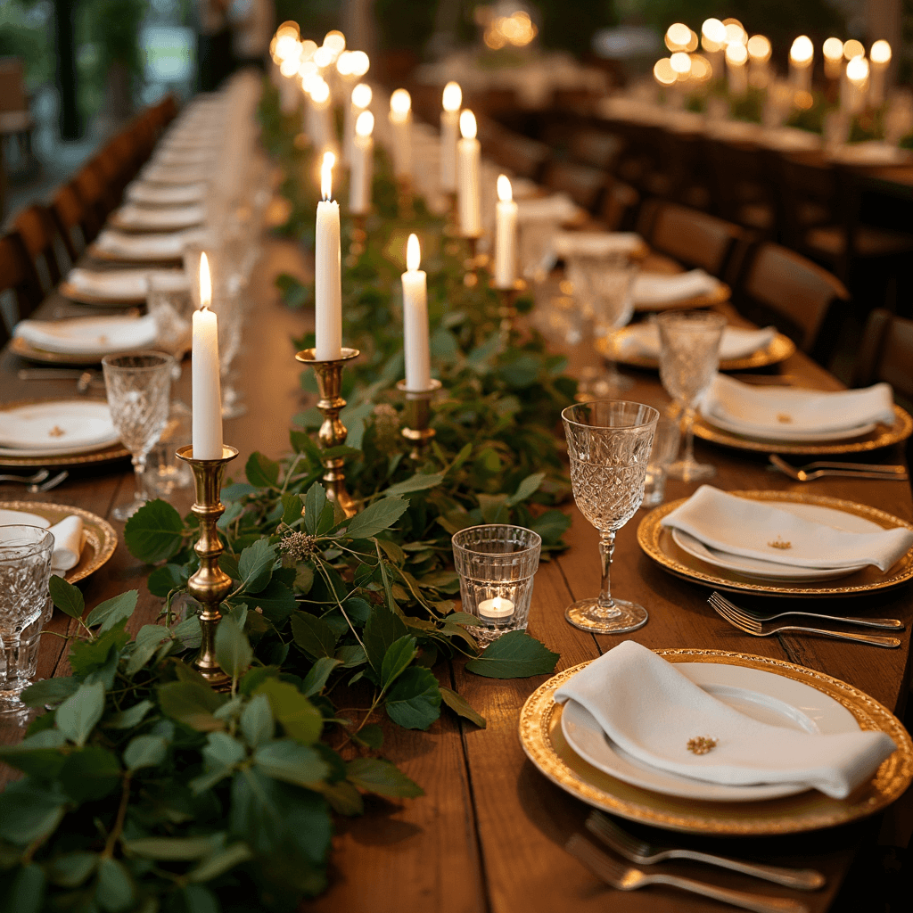 An overhead view of an elegant indoor reception tablescape featuring a 12-foot wooden harvest table adorned with a dramatic runner of monstera leaves, trailing jasmine vine, and olive branches. Brass candlesticks with tall taper candles cast warm light, while vintage cut-crystal glasses reflect the glow, complemented by crisp white linen napkins and gold-rimmed plates.