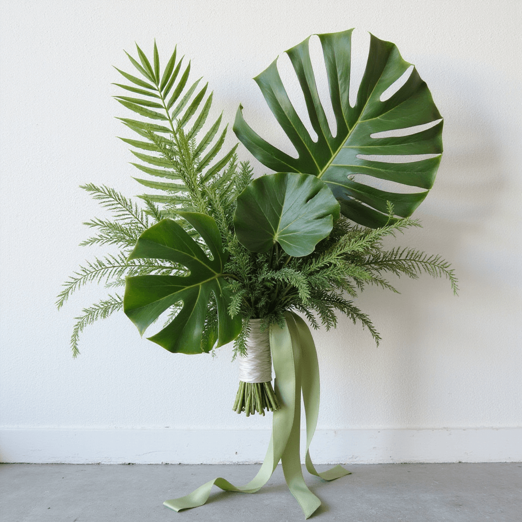 A close-up of a modern minimalist bridal bouquet featuring architectural tropical leaves like split-leaf philodendron and fan palm, accompanied by delicate maidenhair fern and trailing sage green silk ribbons, all captured in soft morning light against a textured white wall.