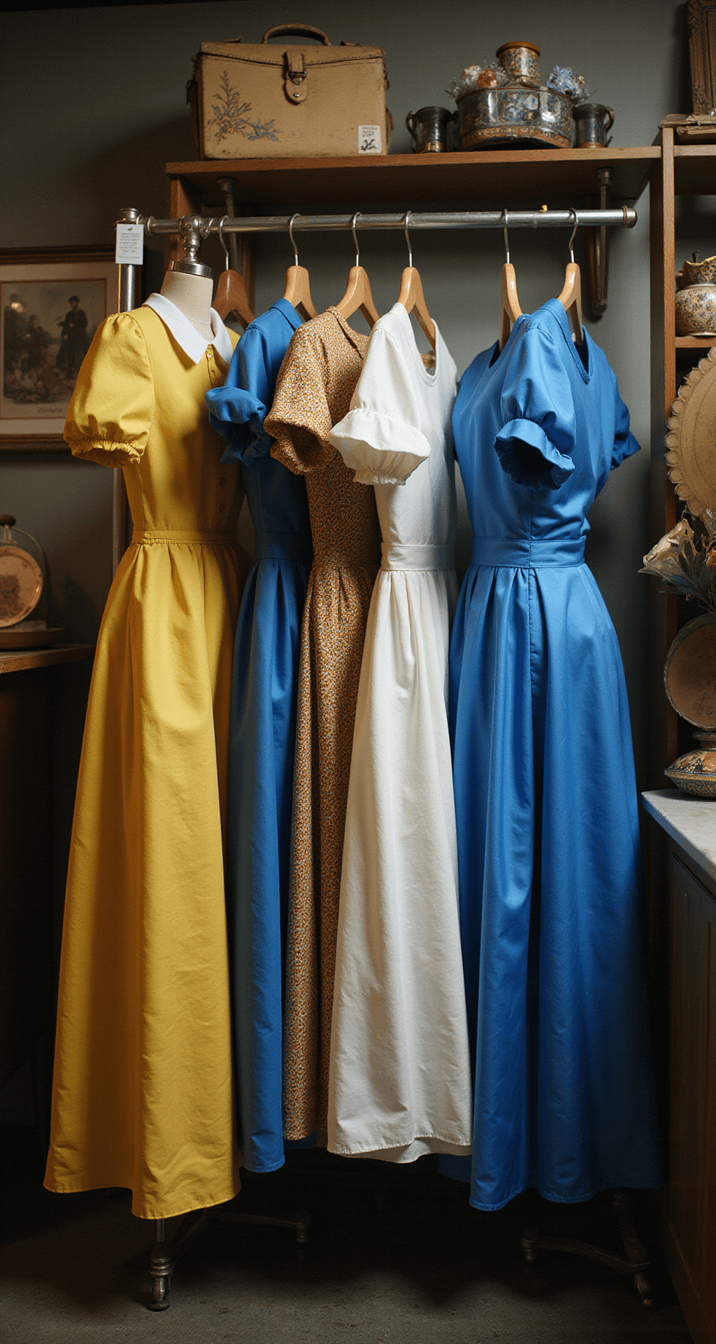 A vintage thrift store interior bathed in warm lighting, featuring a rack of costumes inspired by Belle, including blue dresses, yellow formal gowns, and white aprons. The moody atmosphere highlights creative mixing and matching options, captured with dramatic shadows and a focus on the variety of colorful clothing.