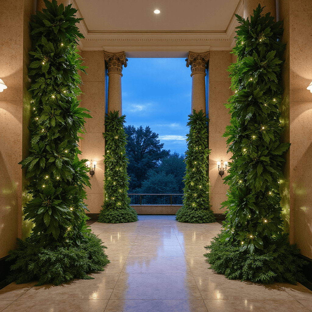A grand ballroom entrance with towering green installations of forest green magnolia leaves, Boston fern, and silver dollar eucalyptus flanking marble columns, illuminated by uplighting and fairy lights, captured at blue hour from a low angle.