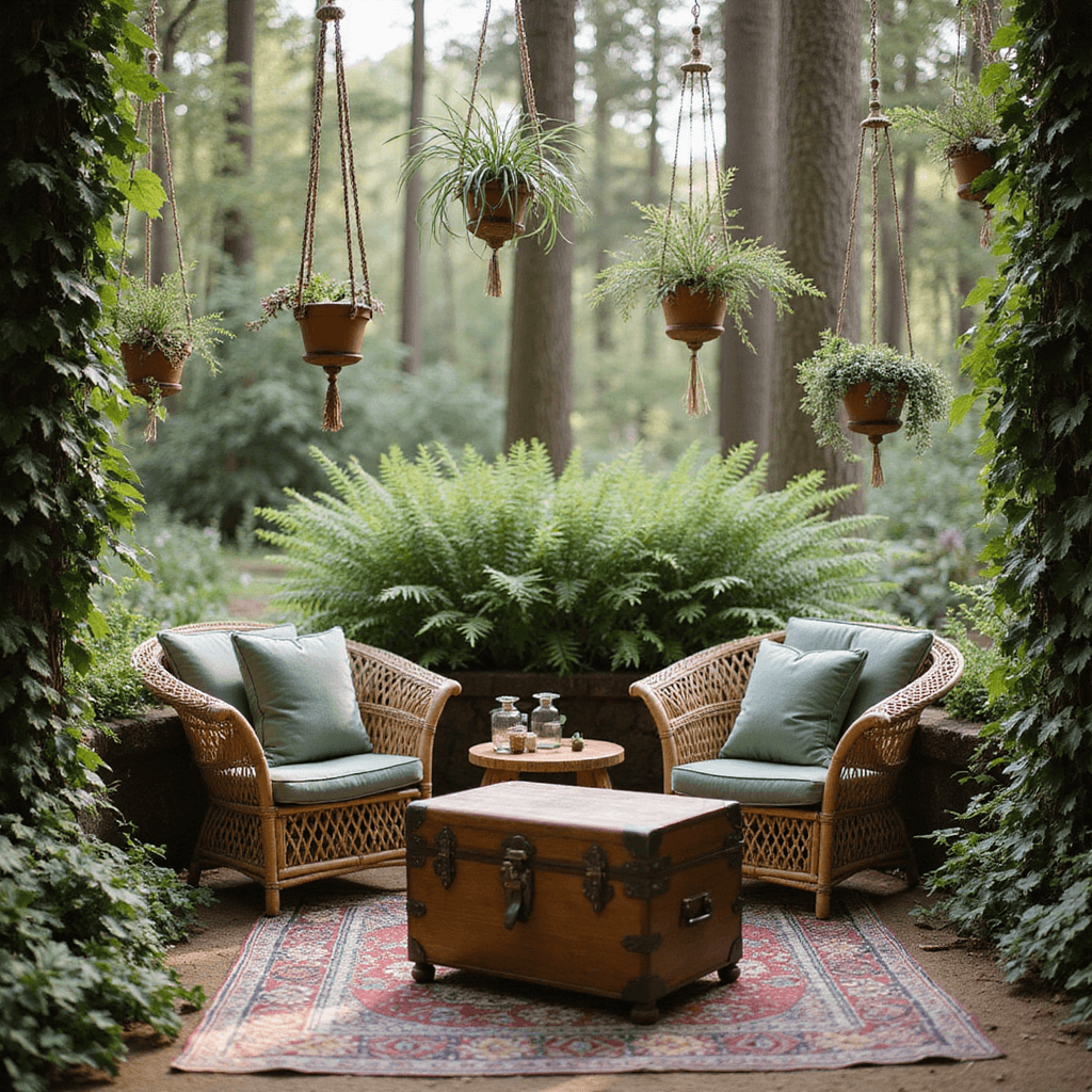 A cozy bohemian forest wedding lounge with rattan furniture and sage velvet cushions, a vintage trunk as a coffee table, surrounded by potted ferns and trailing ivy, featuring suspended air plants and macramé holders, all bathed in dappled afternoon light.