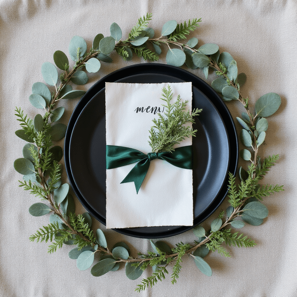 An overhead flat lay of a woodland-inspired table setting featuring a wreath of eucalyptus, olive leaves, and ferns surrounding matte black stoneware; a hand-dyed silk ribbon ties fresh herbs to a hand-lettered vellum menu on raw linen, with natural light enhancing the textures.