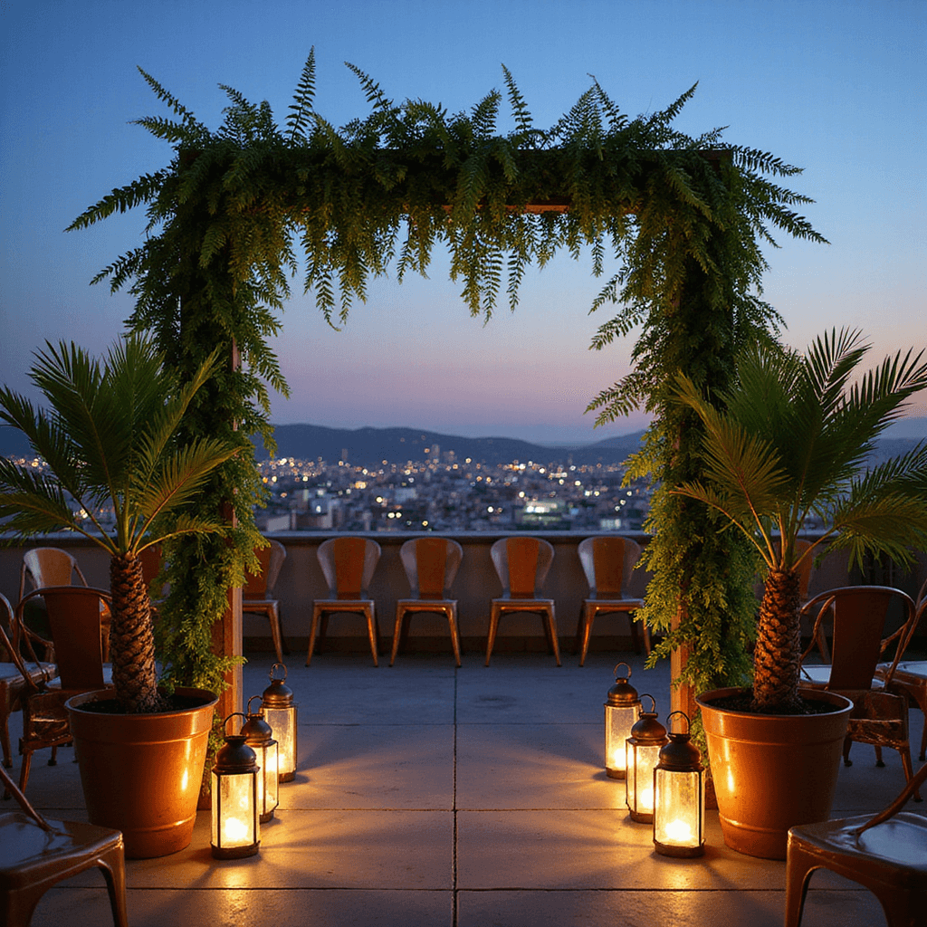 A twilight rooftop ceremony setup with a modern geometric arch adorned with cascading green amaranthus, sword ferns, and Italian ruscus, flanked by metallic copper chairs and potted palm trees. Glowing lanterns line the aisle, while city lights twinkle in the background, and uplighting highlights the lush greenery.