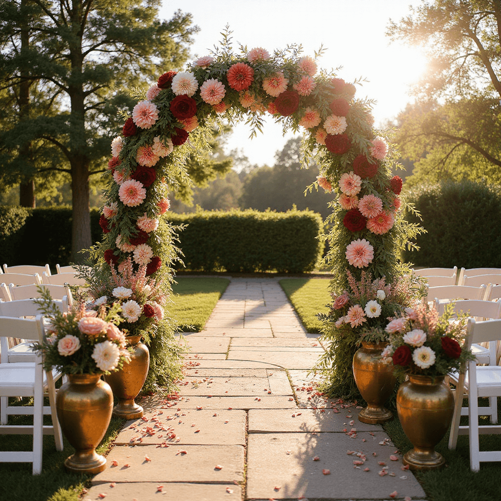 A sunlit garden ceremony setup featuring a floral arch with ombré dahlias, vintage brass vessels filled with wild flowers, and scattered rose petals along a stone pathway, all captured from a slight elevation.