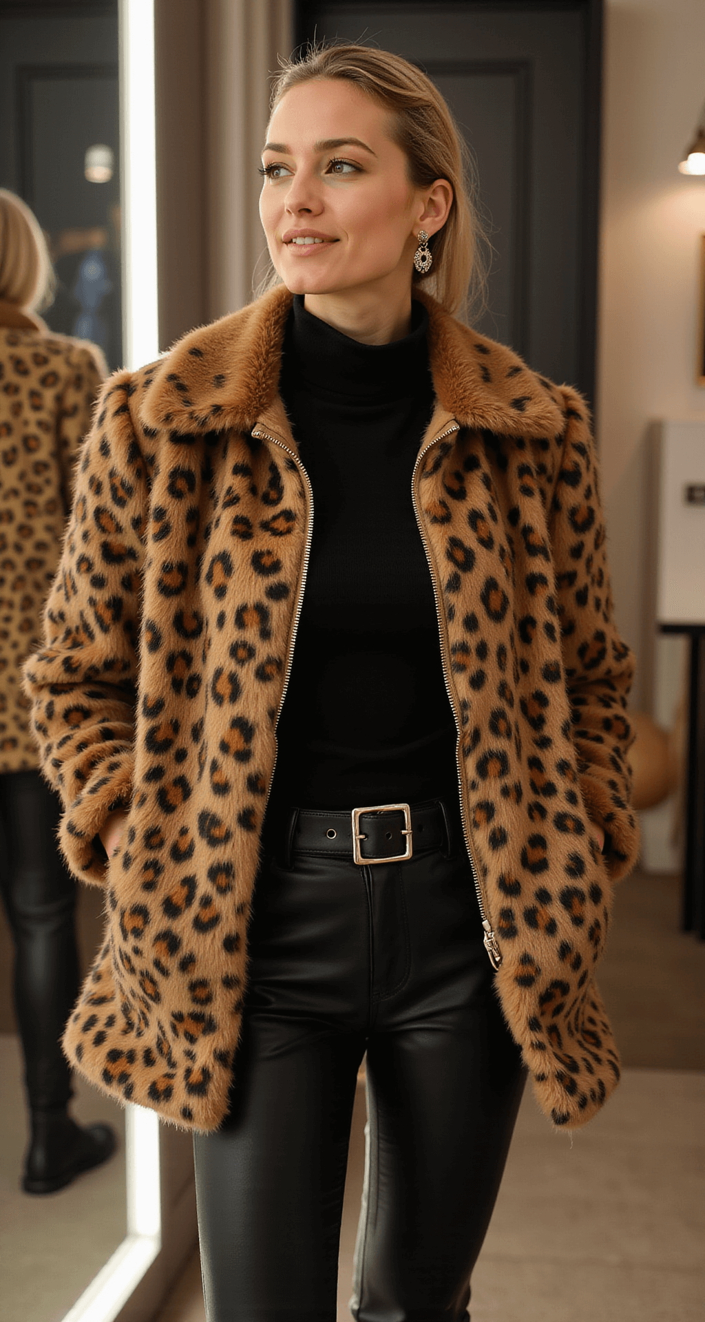A woman in a chic boutique fitting room layers a cozy leopard print jacket over a black turtleneck and leather leggings, illuminated by soft LED lighting. The jacket showcases faux fur in caramel and ebony tones, highlighted by metallic accents and reflected in a full-length mirror.