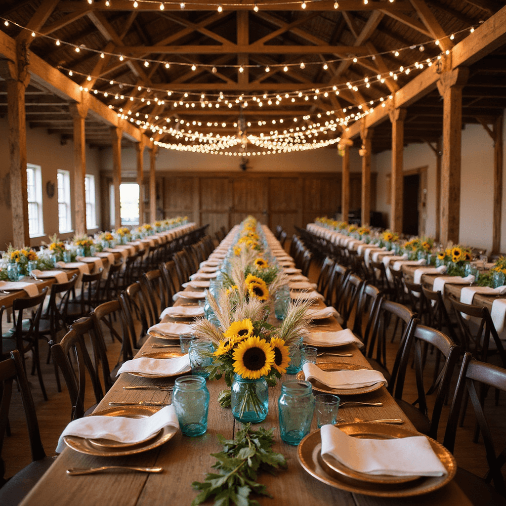 An intimate barn reception featuring long wooden harvest tables with sunflower and wheat garlands, vintage blue mason jars with casual bouquets, copper chargers, and ivory linens, all illuminated by twinkle lights and draped fairy lights above.