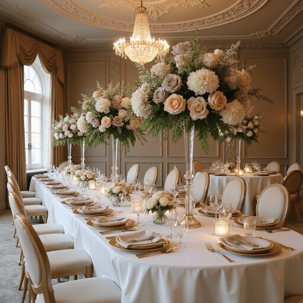 A luxurious ballroom tablescape showcasing tall arrangements of lisianthus and roses in champagne and dusty mauve, with crystal candelabras and mercury glass votives. Pearl-white silk linens flow to the marble floor, and gold-rimmed chargers reflect light from a crystal chandelier, all captured from a low angle to highlight the grandeur of the centerpieces against an ornate ceiling.