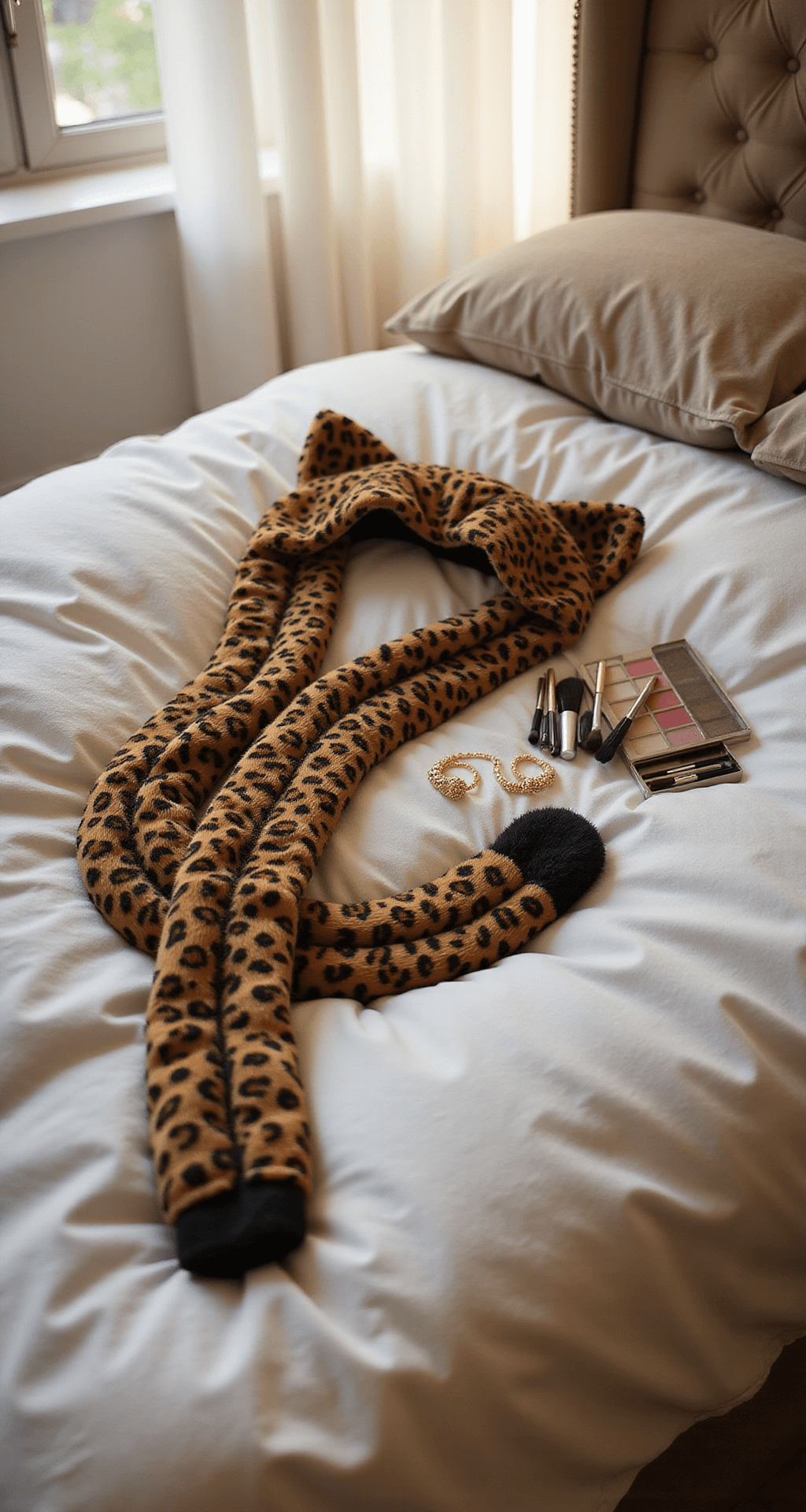 Close-up of leopard costume accessories on a white duvet, including velvet cat ears, a long spotted tail, matching gloves, gold-toned jewelry, and a makeup palette with brushes, all bathed in warm evening light.