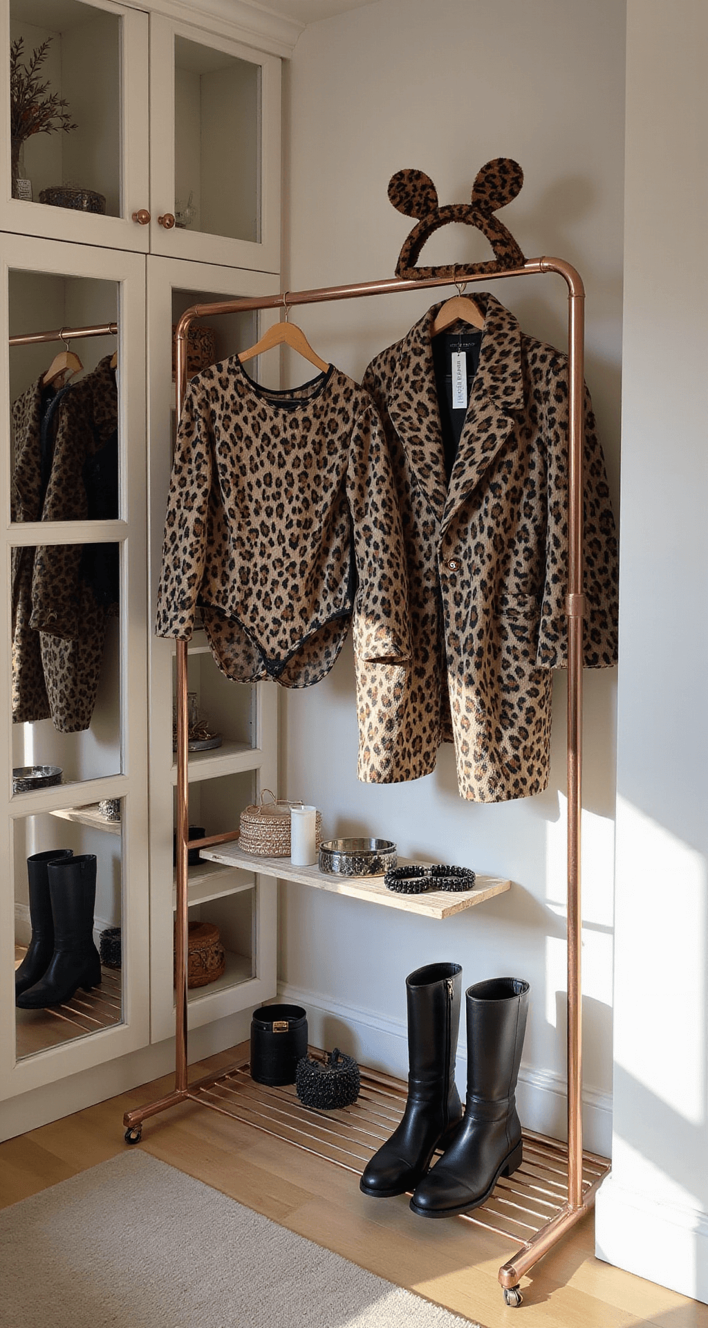 A stylish home dressing room illuminated by natural light, featuring custom built-in wardrobes and a rose gold clothing rack displaying a budget-friendly leopard costume ensemble, including a printed bodysuit, black pleather boots, spotted ears, and coordinating accessories, all with visible price tags under $50.