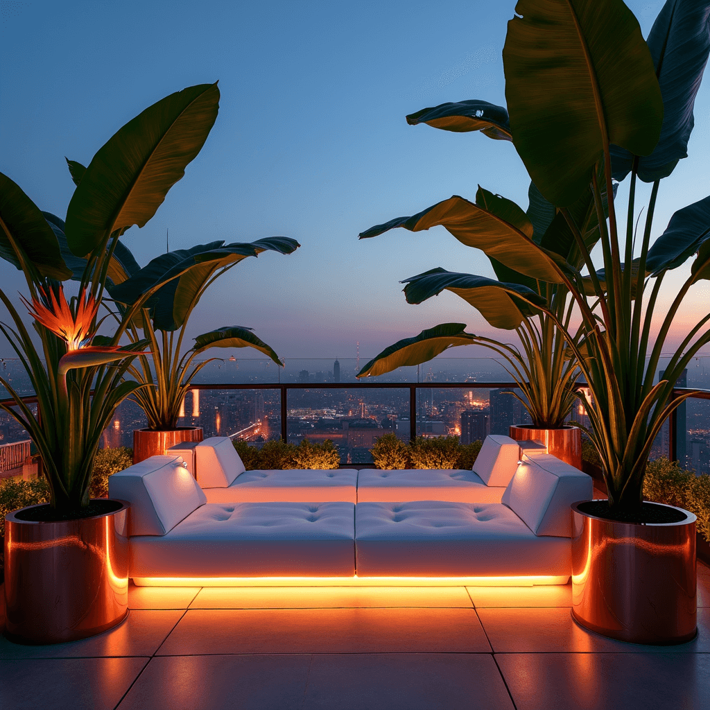 A tropical-modern rooftop lounge at twilight with sleek white furniture, copper planters, and dramatic silhouettes of monstera leaves and protea, illuminated by LED strips and neon signage, against a backdrop of city lights.