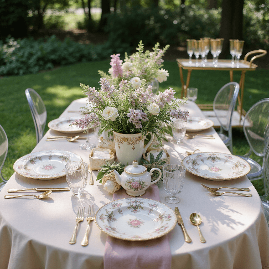 A whimsical garden brunch setting featuring scabiosa and Queen Anne's lace in antique teapots, vintage china mixed with modern acrylic ghost chairs, a champagne cart with gold-rimmed coupes, and soft morning light creating dappled shadows on a blush linen tablecloth, captured from above.