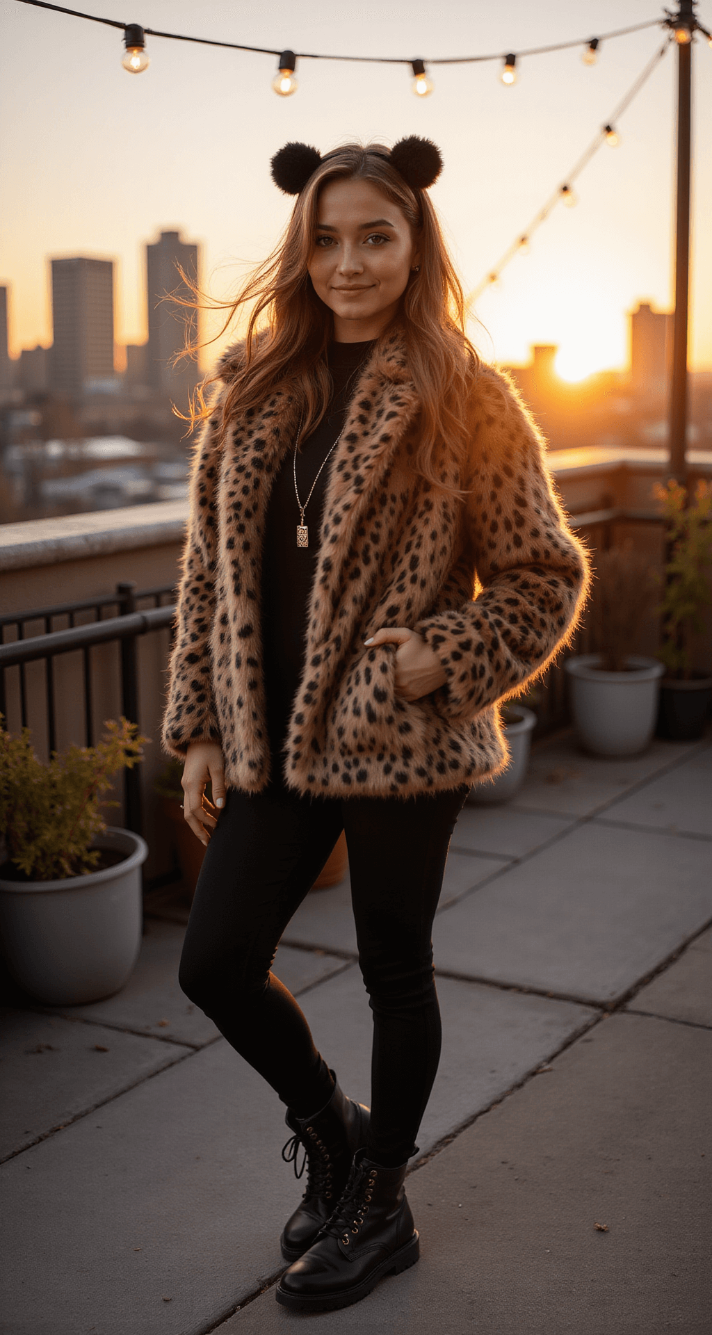 A woman in a leopard costume stands on a cozy autumn rooftop at sunset, surrounded by string lights, with the city skyline in the background. Her hair is gently lifted by the wind as she poses, wearing a spotted faux fur coat, black thermal leggings, and combat boots, with a matching ear headband.