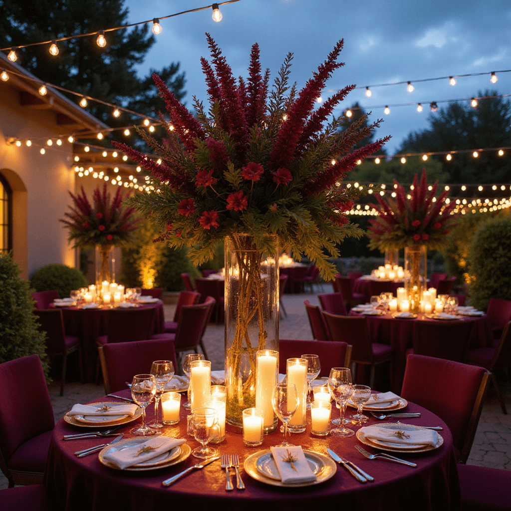 An elegant evening courtyard reception featuring tall glass centerpieces of astilbe and calla lilies, surrounded by floating candles and copper wire fairy lights in geometric patterns, with luxurious velvet lounge furniture in deep jewel tones, all captured at dusk with dramatic moody lighting.