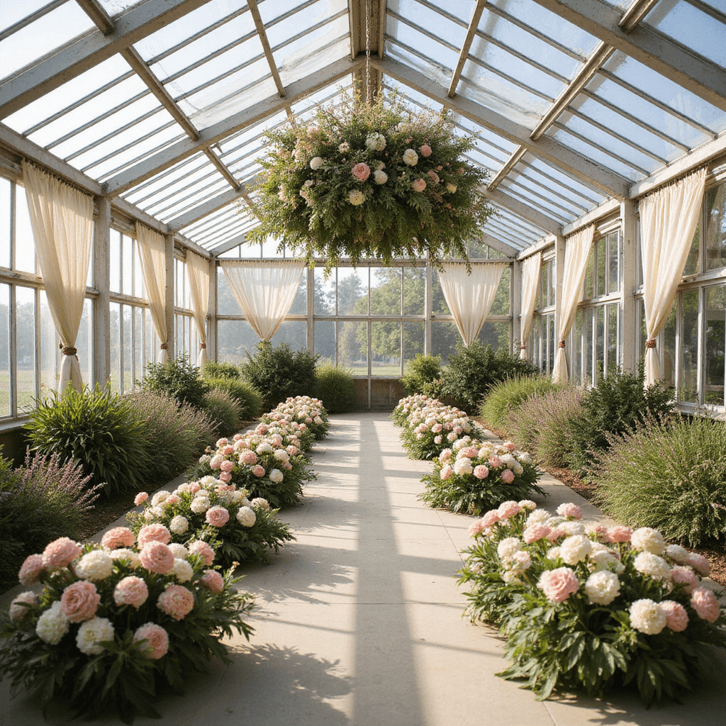 A wide-angle view of a greenhouse ceremony space adorned with hybrid flower arrangements of luxurious hydrangeas and local wildflowers, illuminated by natural light streaming through glass panels, with sheer ivory curtains and organic clusters of flowers lining the aisle toward a suspended floral installation.